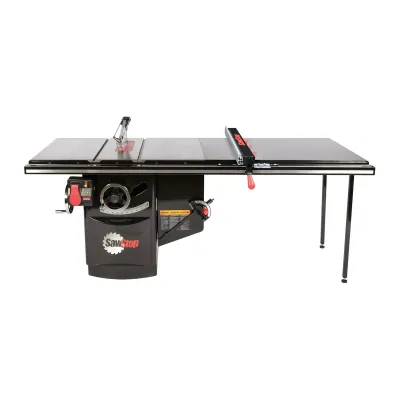 Sierra de gabinete industrial de 5 HP, 1 ph, 230 V con valla industrial T-Glide Advance Rip de 52 pulgadas, rieles y mesa de extensión