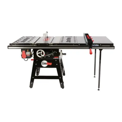 Sierra de 1,75 HP para contratista con valla avanzada T-Glide profesional de 36 pulgadas, rieles y mesa de extensión