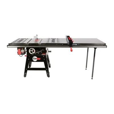Sierra de 1.75 HP para contratista con valla avanzada T-Glide profesional de 52 pulgadas, rieles y mesa de extensión