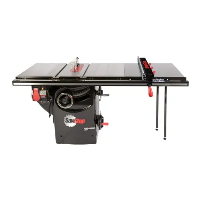 Sierra de gabinete profesional de 1.75 HP con valla de rasgado profesional T-Glide Advance de 36 pulgadas, rieles y mesa de extensión